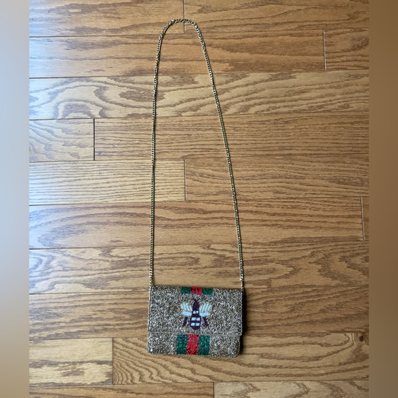 Handbags - Beaded Gold Clutch with Bee Design and Red & Green Stripe
